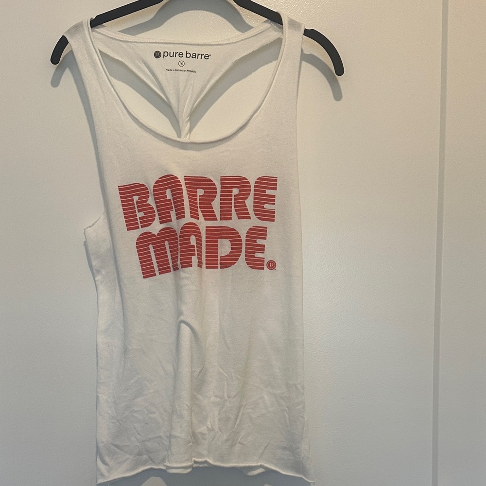 Pure Barre White Tank w Retro BARRE MADE Red Graphic EUC
